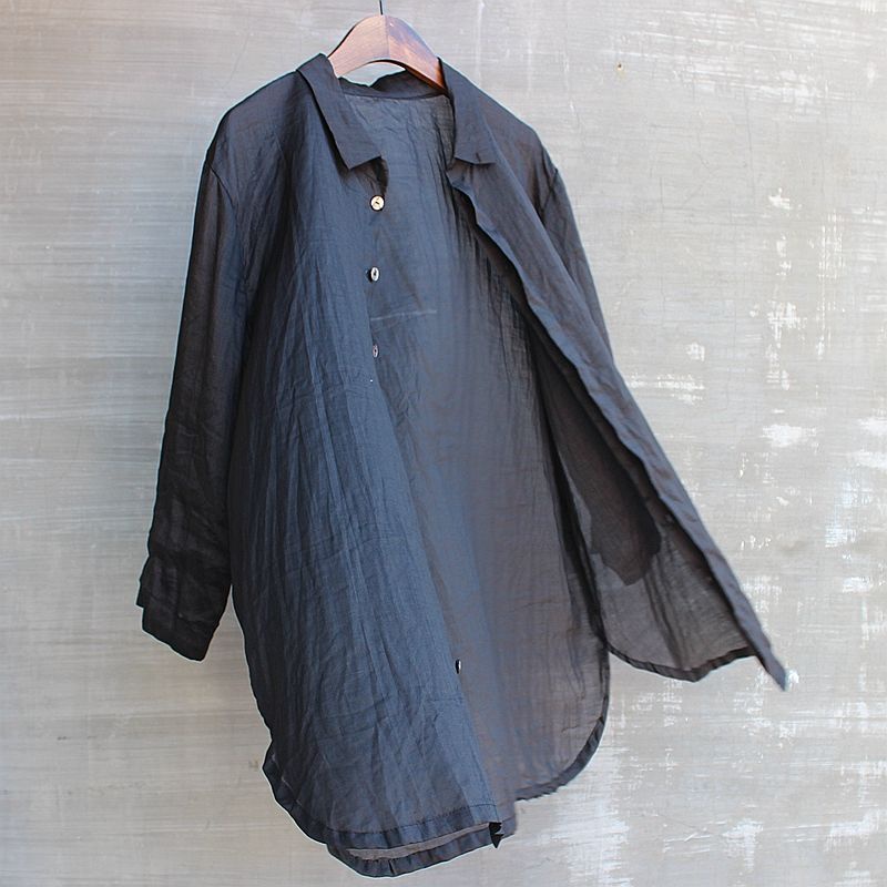 * * O Áo Sơ Mi Cotton Lanh Tay Dài Cổ Vuông Nhìn Xuyên Thấu Thời Trang Mùa Hè Trẻ Trung Phổ Biến Dành Cho nam