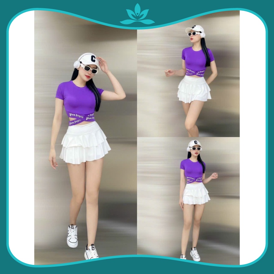 Set bộ tập áo thun cạp chữ dây chéo eo váy 2 tầng tập gym, yoga, zumba, aerobic, dân vũ, đồng phục đội nhóm nữ