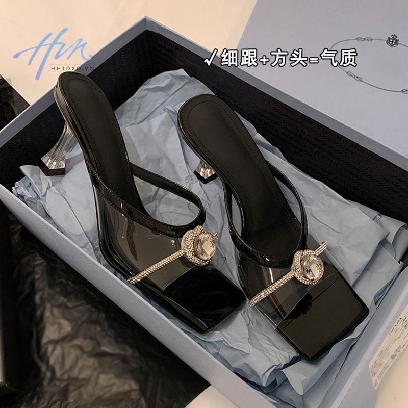 Sandal Cao Gót Hở Ngón Mũi Vuông Quai Nhựa PVC Trong Suốt Đính Đá Pha Lê Phong Cách Thời Trang Mới 2023