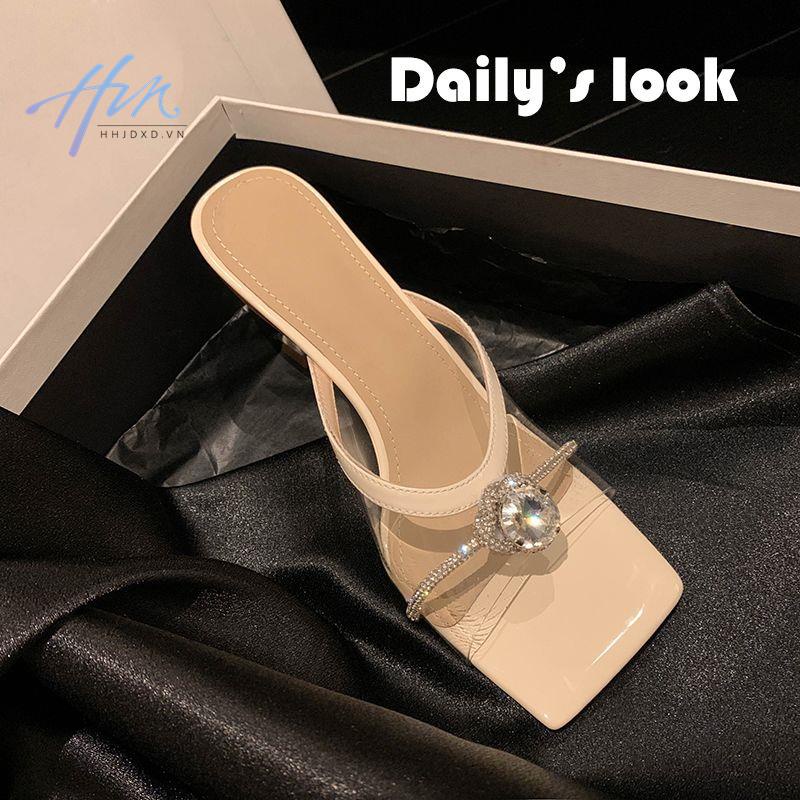 Sandal Cao Gót Hở Ngón Mũi Vuông Quai Nhựa PVC Trong Suốt Đính Đá Pha Lê Phong Cách Thời Trang Mới 2023