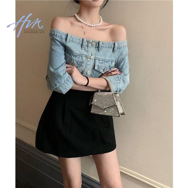 Áo Sơ Mi Denim Trễ Vai Dáng Ôm Thời Trang Mùa Hè Dành Cho Nữ
