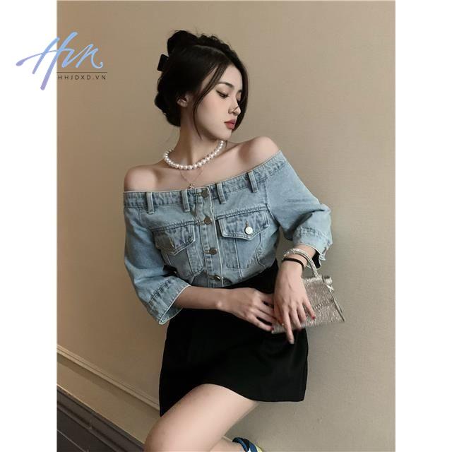 Áo Sơ Mi Denim Trễ Vai Dáng Ôm Thời Trang Mùa Hè Dành Cho Nữ