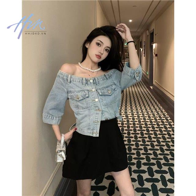 Áo Sơ Mi Denim Trễ Vai Dáng Ôm Thời Trang Mùa Hè Dành Cho Nữ