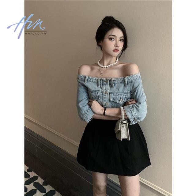 Áo Sơ Mi Denim Trễ Vai Dáng Ôm Thời Trang Mùa Hè Dành Cho Nữ