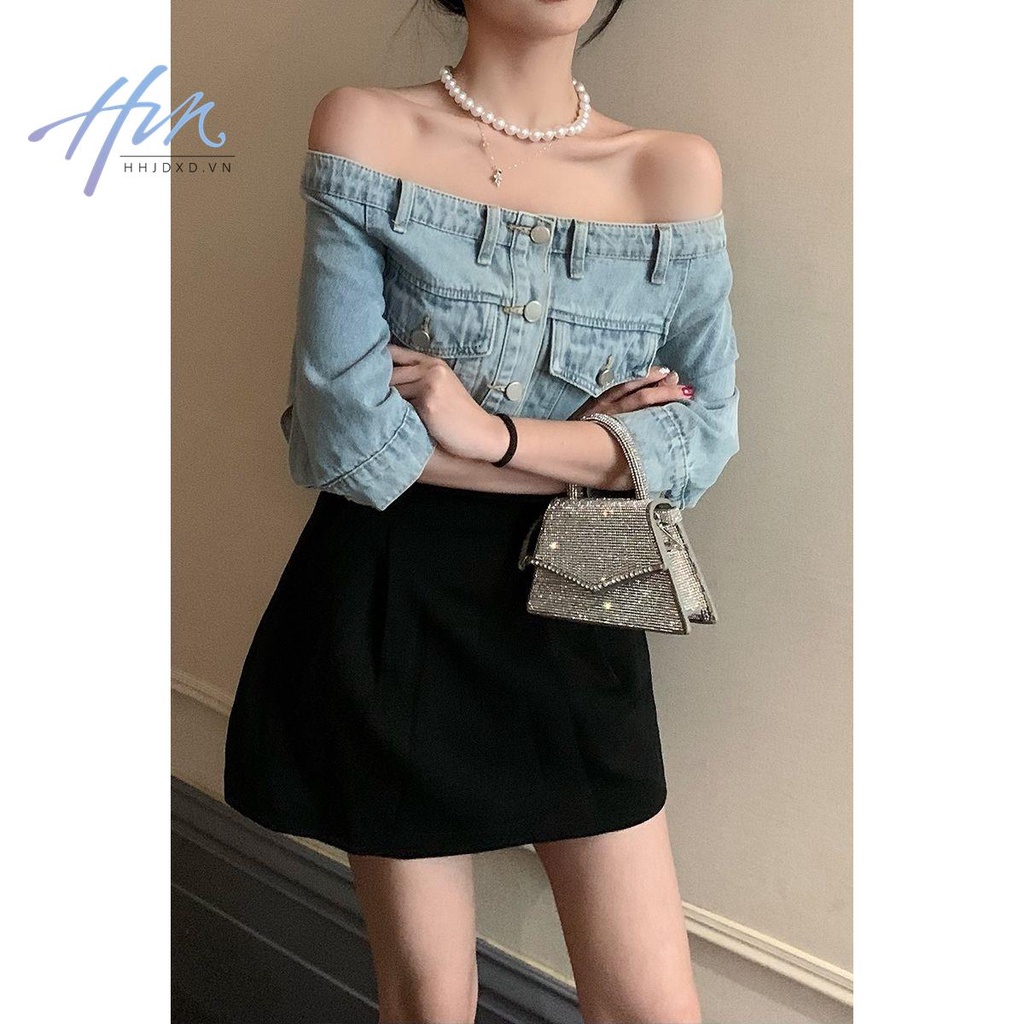 Áo Sơ Mi Denim Trễ Vai Dáng Ôm Thời Trang Mùa Hè Dành Cho Nữ