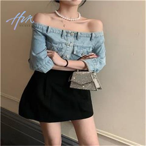Áo Sơ Mi Denim Trễ Vai Dáng Ôm Thời Trang Mùa Hè Dành Cho Nữ