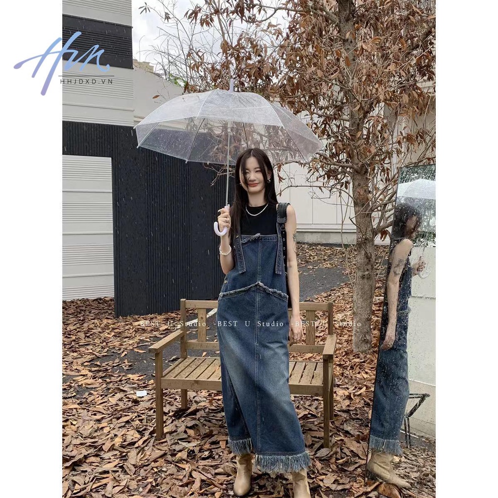 Hàng Mới Về Đầm Yếm Denim Dài Ôm Dáng Phong Cách Hong Kong Thời Trang Xuân Hè 2023 Mới Cho Nữ