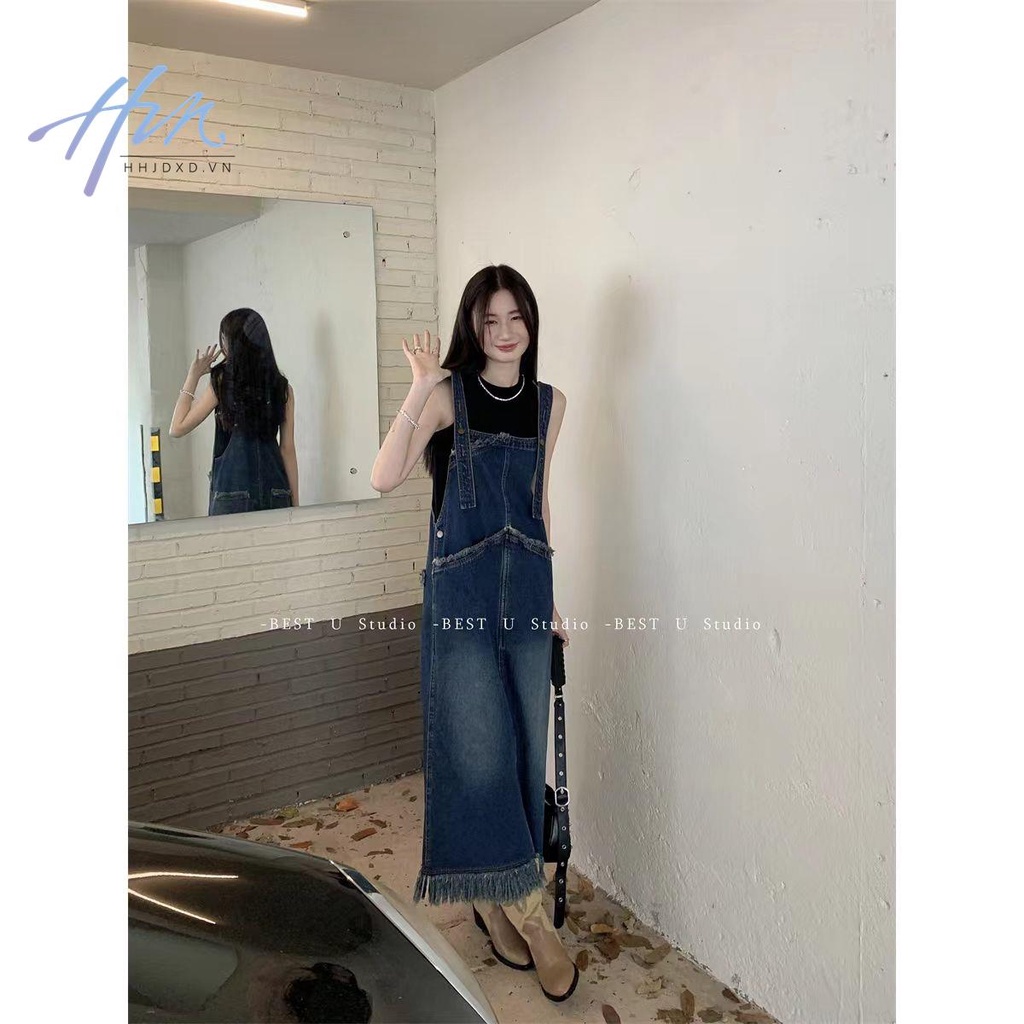 Hàng Mới Về Đầm Yếm Denim Dài Ôm Dáng Phong Cách Hong Kong Thời Trang Xuân Hè 2023 Mới Cho Nữ