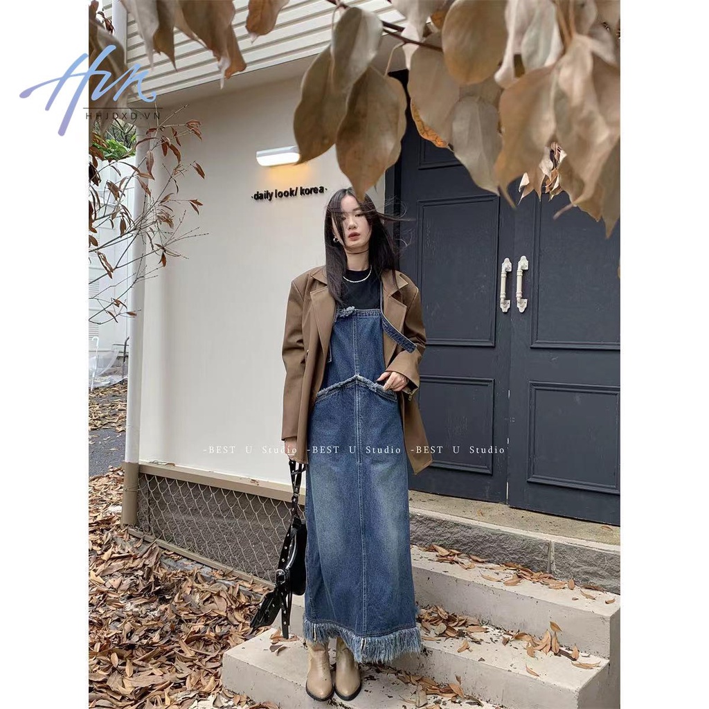 Hàng Mới Về Đầm Yếm Denim Dài Ôm Dáng Phong Cách Hong Kong Thời Trang Xuân Hè 2023 Mới Cho Nữ