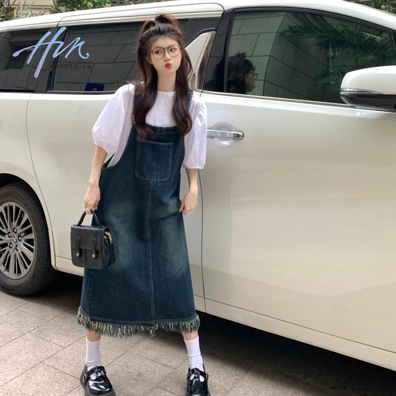 Đầm Yếm Denim Dài Vừa Dáng Rộng Thiết Kế Sờn Phong Cách Pháp Cổ Điển Thời Trang Mùa Hè 2023 Mới Dành Cho