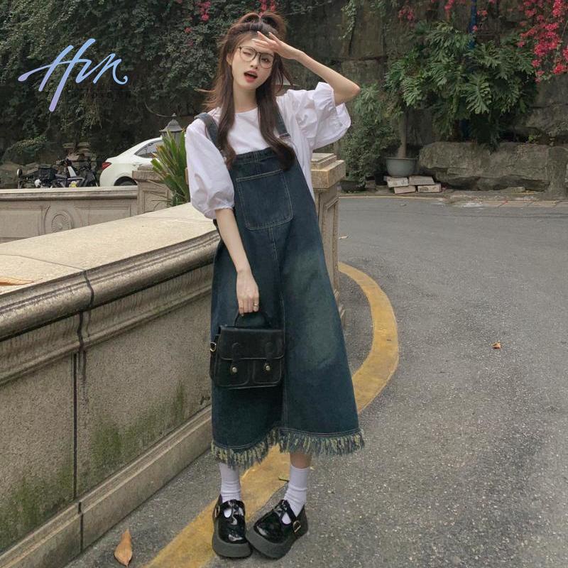 Đầm Yếm Denim Dài Vừa Dáng Rộng Thiết Kế Sờn Phong Cách Pháp Cổ Điển Thời Trang Mùa Hè 2023 Mới Dành Cho