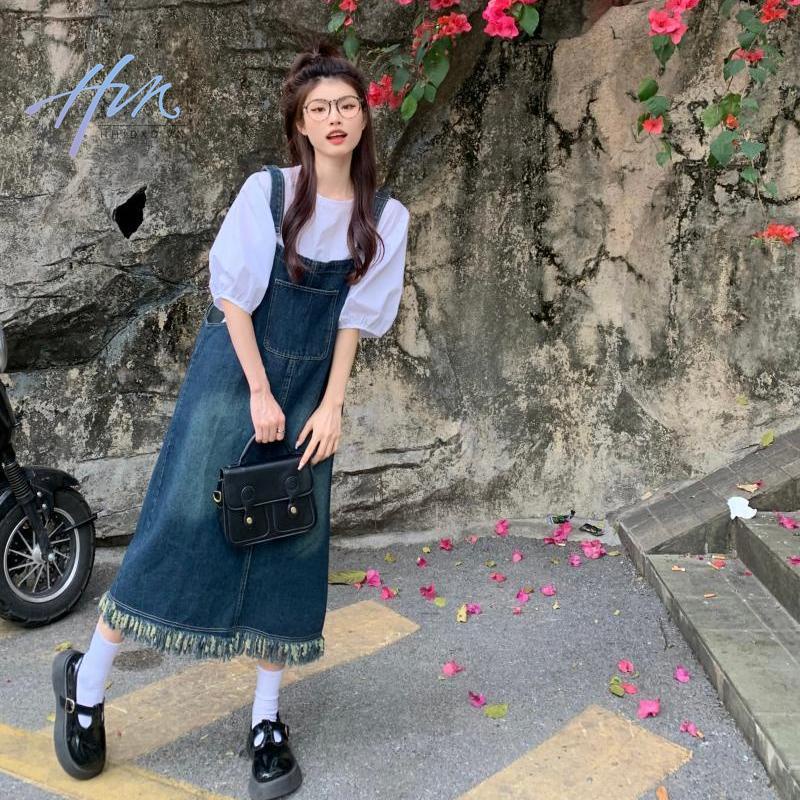 Đầm Yếm Denim Dài Vừa Dáng Rộng Thiết Kế Sờn Phong Cách Pháp Cổ Điển Thời Trang Mùa Hè 2023 Mới Dành Cho