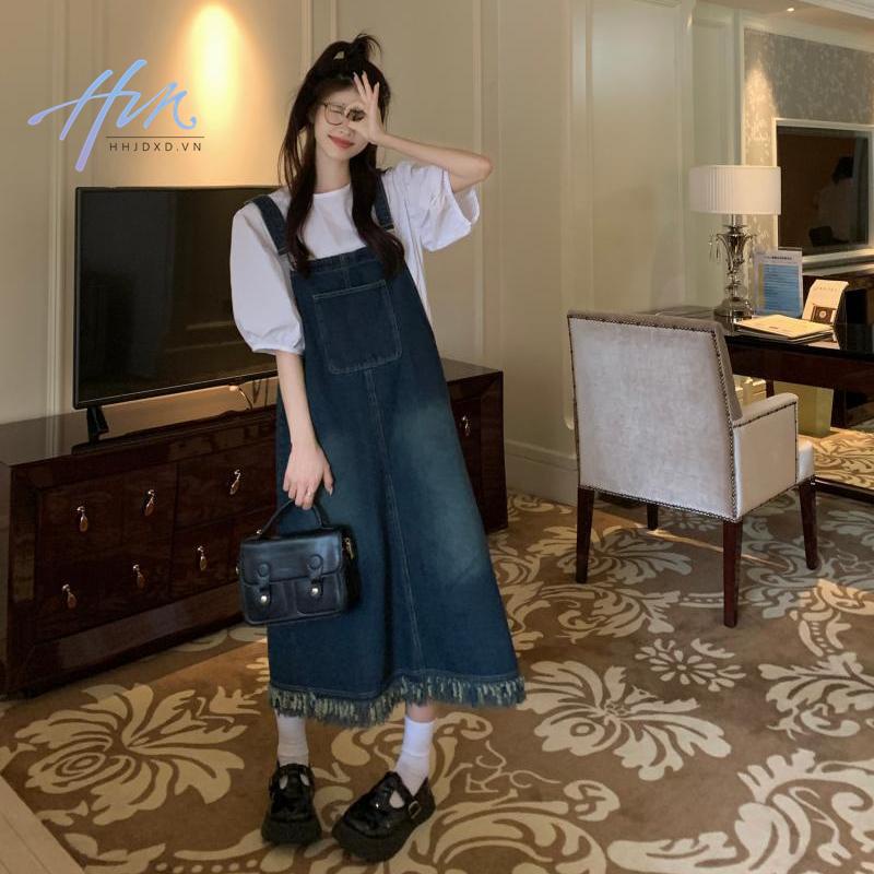 Đầm Yếm Denim Dài Vừa Dáng Rộng Thiết Kế Sờn Phong Cách Pháp Cổ Điển Thời Trang Mùa Hè 2023 Mới Dành Cho