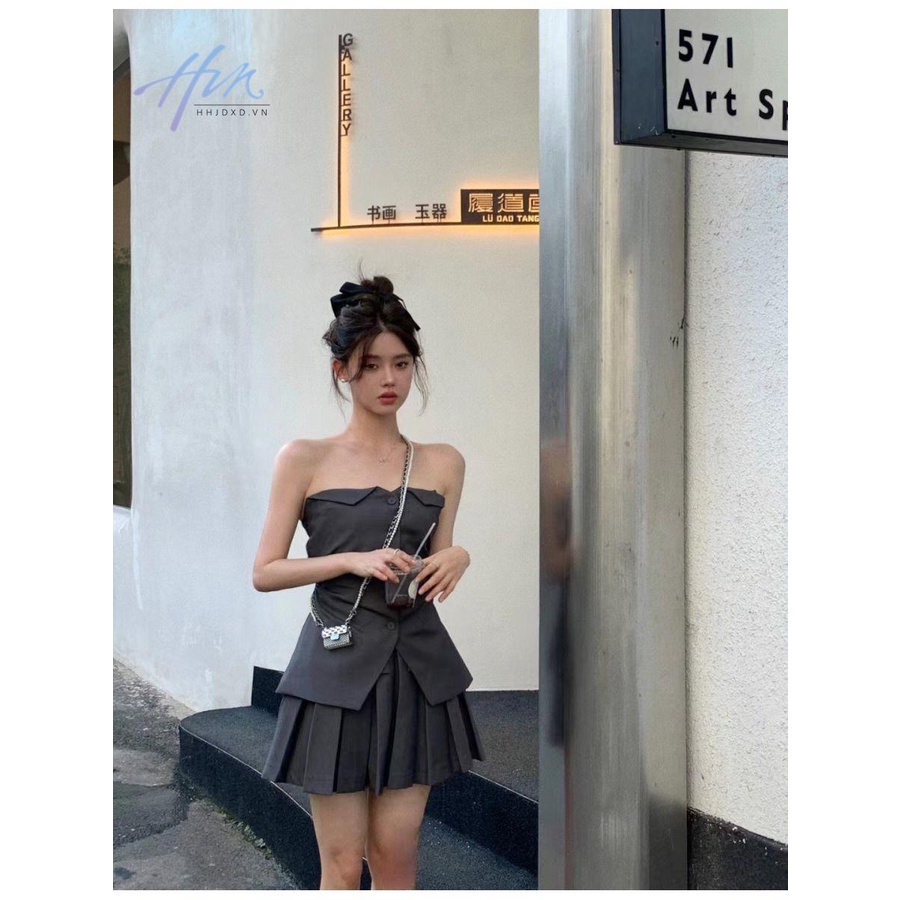 Bộ Áo Ống Màu Xám Cao Cấp + Chân Váy Quấn Ngực Thời Trang Mùa Hè Quyến Rũ Cho Nữ