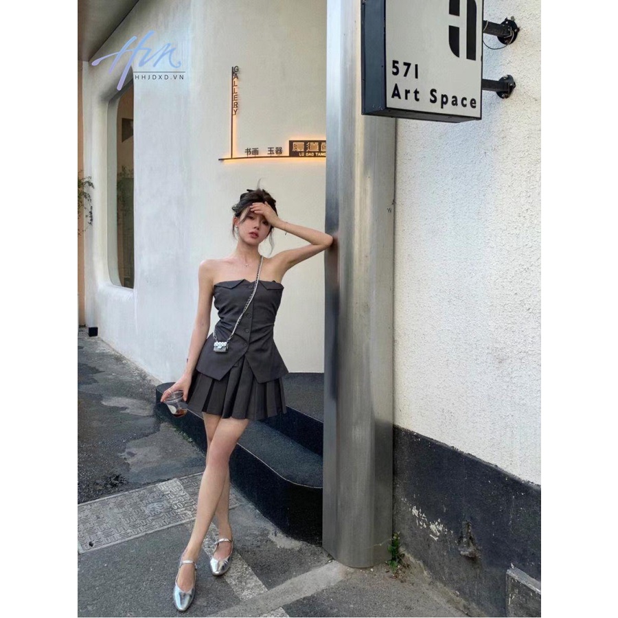 Bộ Áo Ống Màu Xám Cao Cấp + Chân Váy Quấn Ngực Thời Trang Mùa Hè Quyến Rũ Cho Nữ