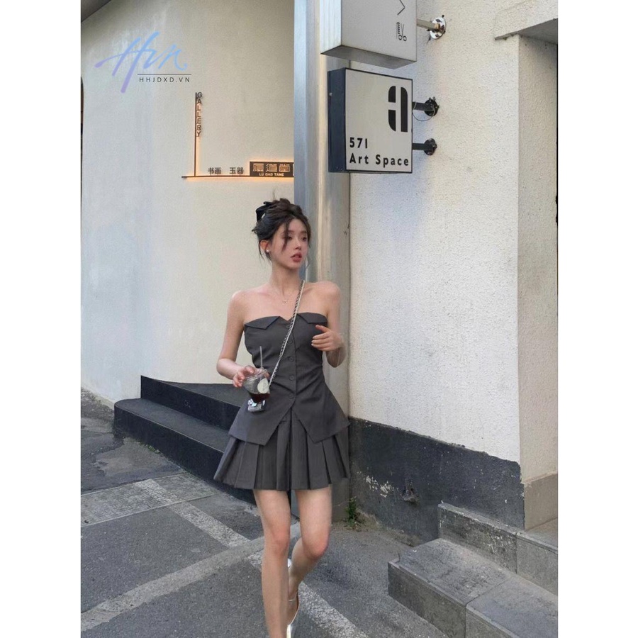 Bộ Áo Ống Màu Xám Cao Cấp + Chân Váy Quấn Ngực Thời Trang Mùa Hè Quyến Rũ Cho Nữ