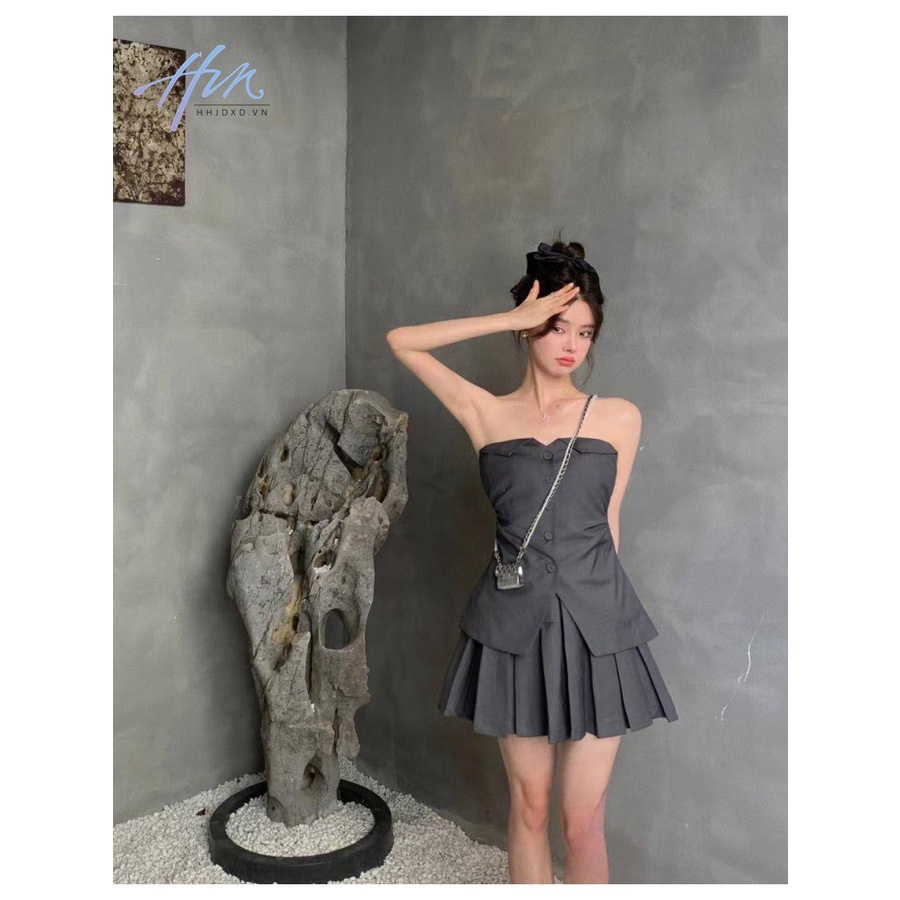 Bộ Áo Ống Màu Xám Cao Cấp + Chân Váy Quấn Ngực Thời Trang Mùa Hè Quyến Rũ Cho Nữ