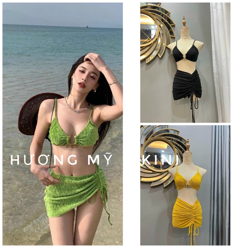 Hot Bikini 2023, Combo Gồm 3 Mảnh Áo +Quần+Vây Rút Đính Khoen Sang Sịn Cao Cấp,Ảnh Thật Nhiều Màu