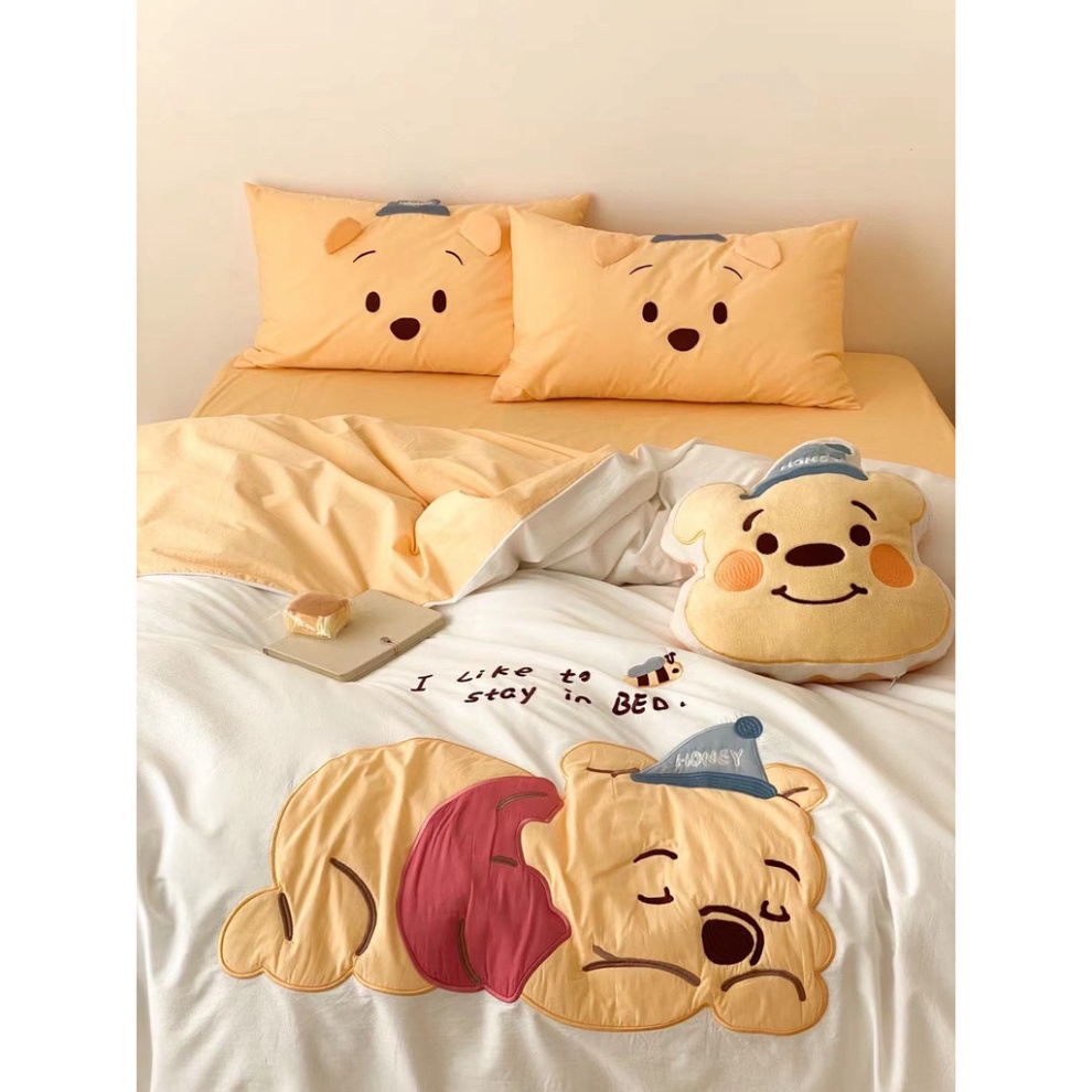 Bộ Chăn Ga Gối 5 Món Cotton Linen Họa Tiết Hoạt Hình Disney Dễ Thương, Chăn Ga Gối Cotton Mềm Mịn Cho Bé