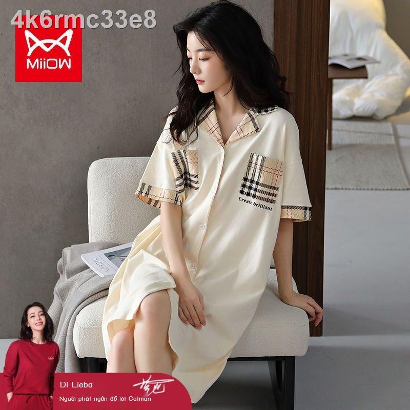 ✗﹍Người Mèo Váy Ngủ Nữ Mùa Hè Áo Cardigan Cotton Ngắn Tay Ve Đầm Dáng Rộng Bộ Đồ Đơn Giản Dịch Vụ Gia