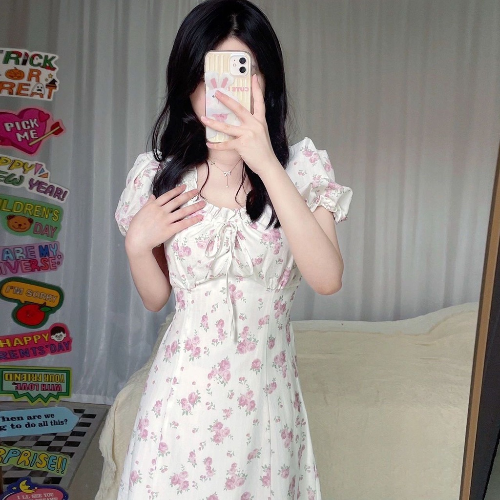 Đầm Tay Phồng Họa Tiết Hoa Thiết Kế Xẻ Tà Phong Cách Retro Pháp Thời Trang Mùa Hè Cho Nữ