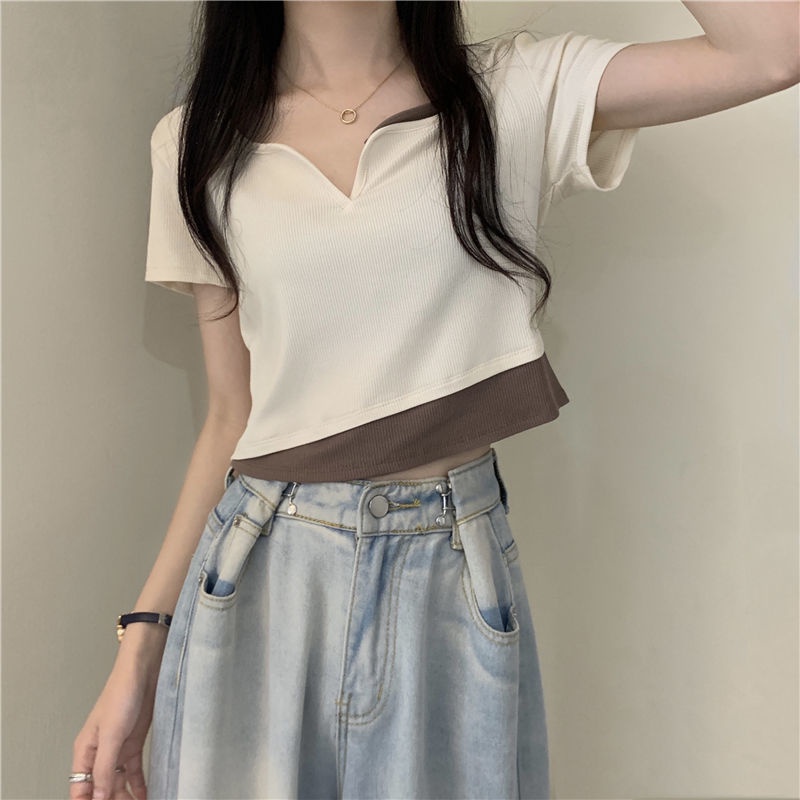 Áo Thun Ngắn Tay Cổ Chữ V Giả Hai Lớp Thiết Kế Mới Thời Trang Dành Cho Mùa Hè