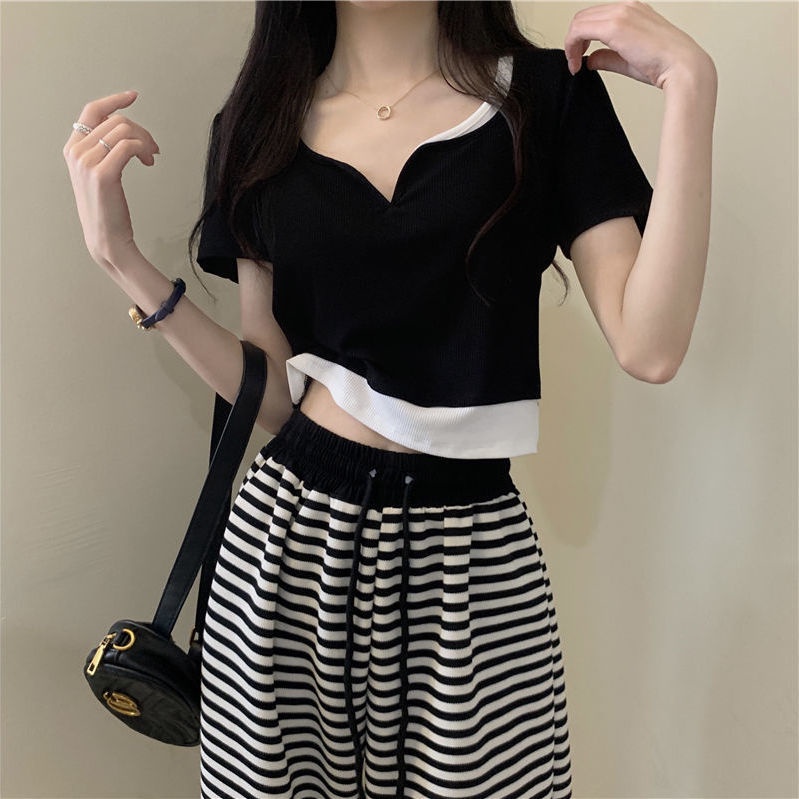 Áo Thun Ngắn Tay Cổ Chữ V Giả Hai Lớp Thiết Kế Mới Thời Trang Dành Cho Mùa Hè