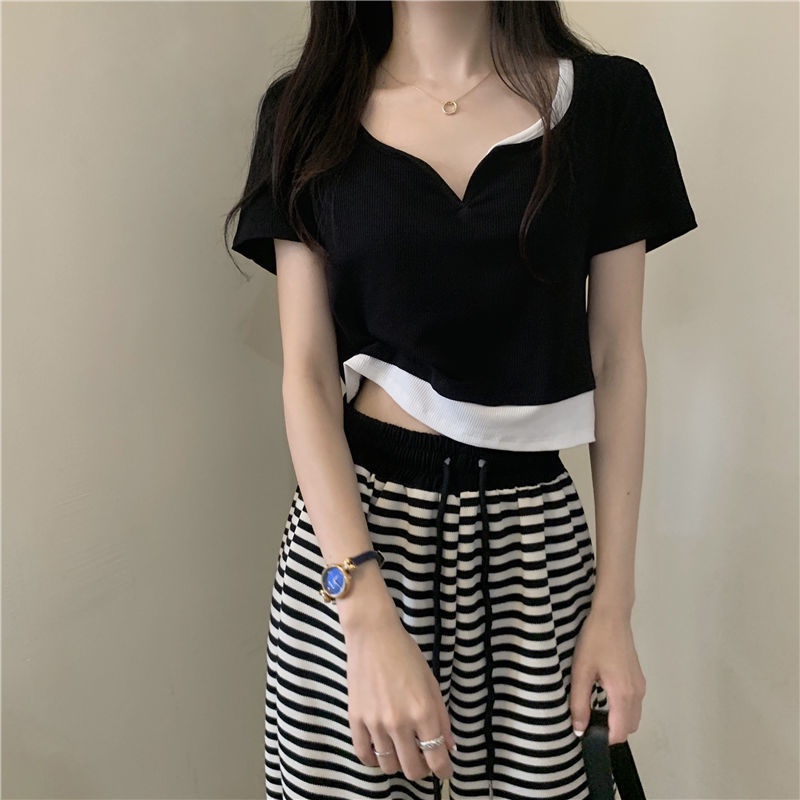 Áo Thun Ngắn Tay Cổ Chữ V Giả Hai Lớp Thiết Kế Mới Thời Trang Dành Cho Mùa Hè