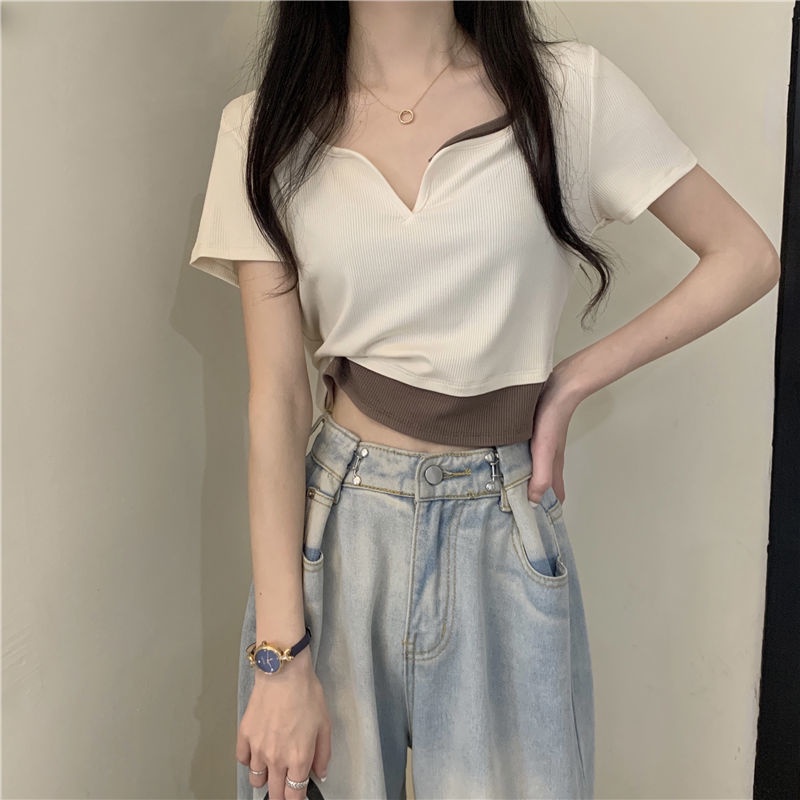 Áo Thun Ngắn Tay Cổ Chữ V Giả Hai Lớp Thiết Kế Mới Thời Trang Dành Cho Mùa Hè