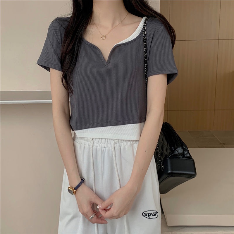 Áo Thun Ngắn Tay Cổ Chữ V Giả Hai Lớp Thiết Kế Mới Thời Trang Dành Cho Mùa Hè