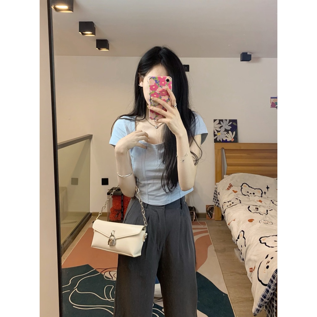 Áo Thun Ngắn Tay Cổ Vuông Dáng Ôm Thời Trang Mùa Hè Dành Cho Nữ