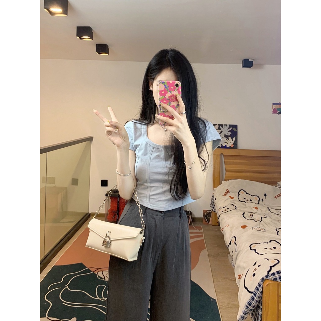 Áo Thun Ngắn Tay Cổ Vuông Dáng Ôm Thời Trang Mùa Hè Dành Cho Nữ