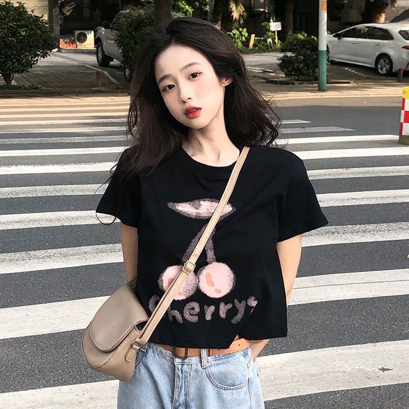 Áo Thun Tay Ngắn Cổ Tròn Dáng Rộng In Hình Quả Cherry Màu Trắng Đen Thời Trang Mùa Hè Xinh Xắn