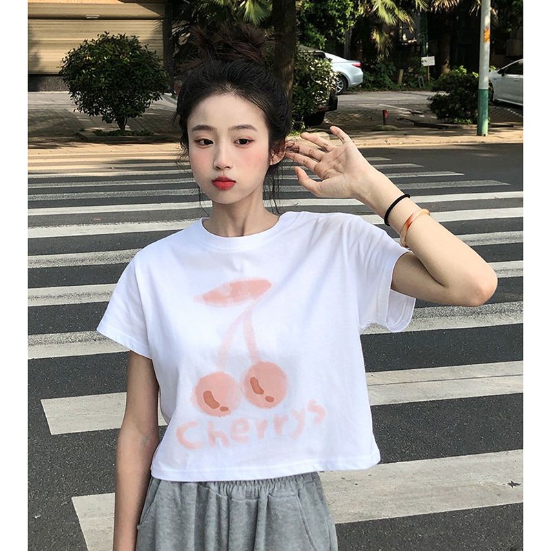Áo Thun Tay Ngắn Cổ Tròn Dáng Rộng In Hình Quả Cherry Màu Trắng Đen Thời Trang Mùa Hè Xinh Xắn