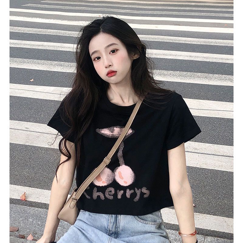 Áo Thun Tay Ngắn Cổ Tròn Dáng Rộng In Hình Quả Cherry Màu Trắng Đen Thời Trang Mùa Hè Xinh Xắn