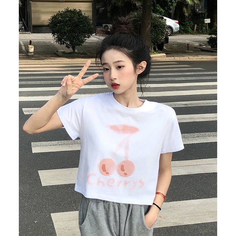 Áo Thun Tay Ngắn Cổ Tròn Dáng Rộng In Hình Quả Cherry Màu Trắng Đen Thời Trang Mùa Hè Xinh Xắn