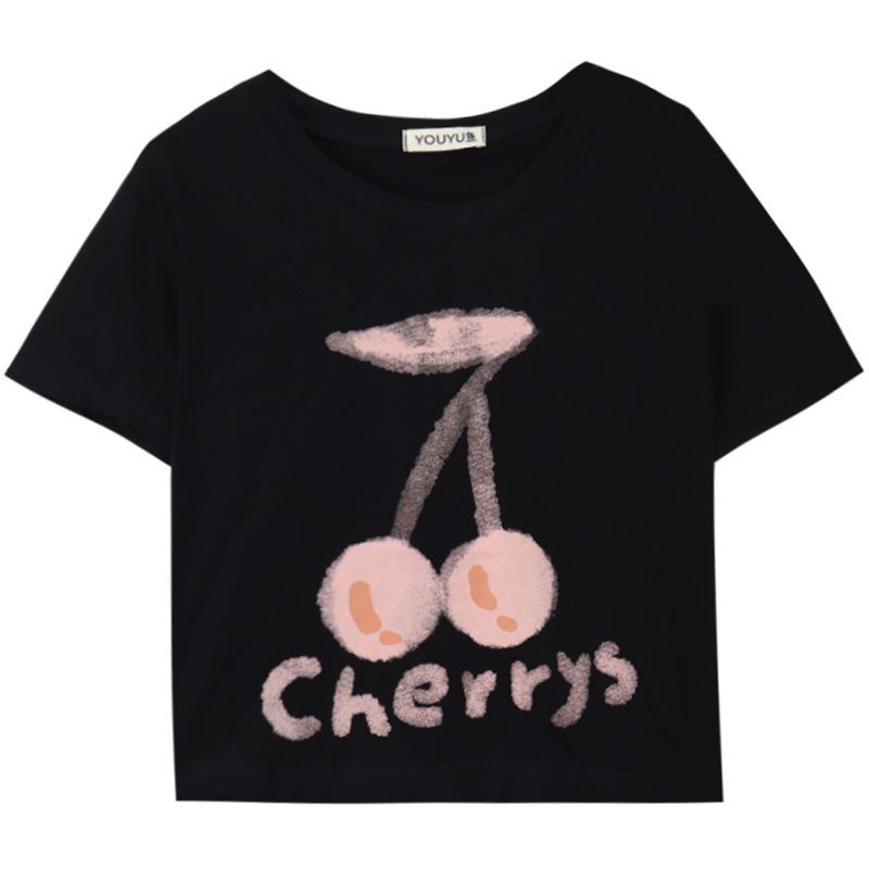 Áo Thun Tay Ngắn Cổ Tròn Dáng Rộng In Hình Quả Cherry Màu Trắng Đen Thời Trang Mùa Hè Xinh Xắn
