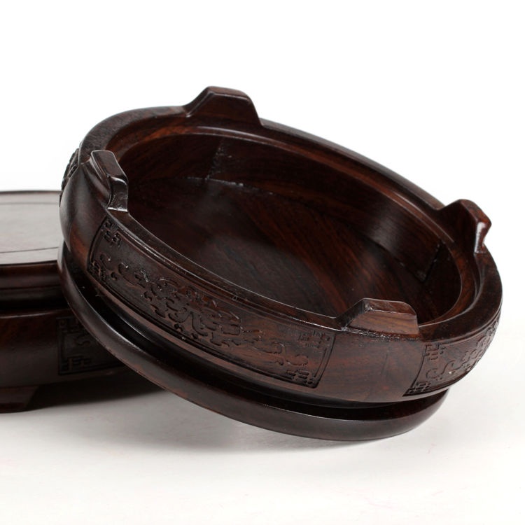 Đế Gỗ Mun Hình Tròn Chạm Khắc Tinh Xảo Lót Bình Hoa Phong Cách Phật Giáo