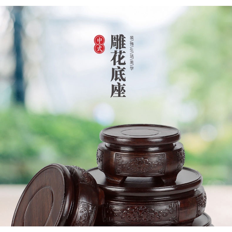 Đế Gỗ Mun Hình Tròn Chạm Khắc Tinh Xảo Lót Bình Hoa Phong Cách Phật Giáo