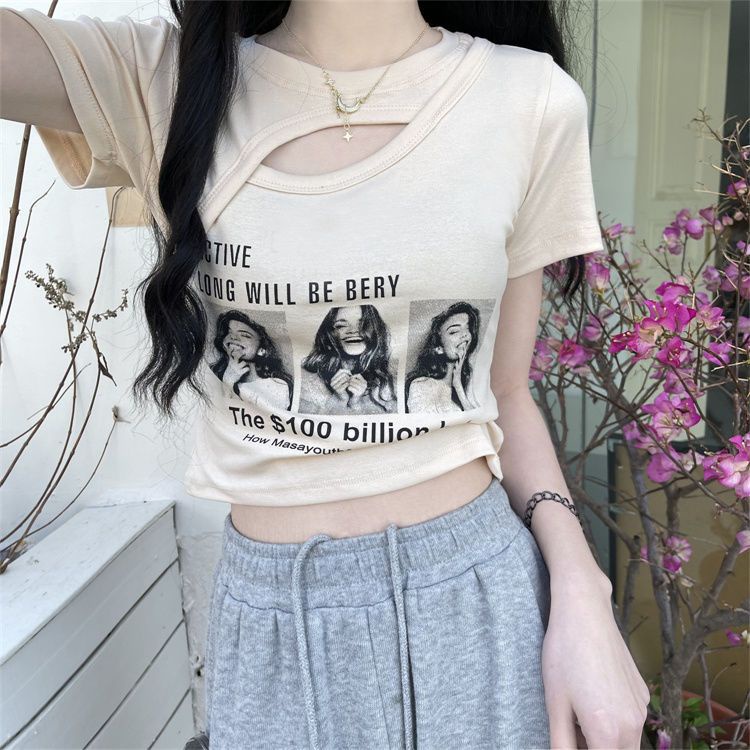 Áo Thun Ngắn Tay Dáng Ôm In Họa Tiết Khoét Rỗng Phối Quần Lưng Cao