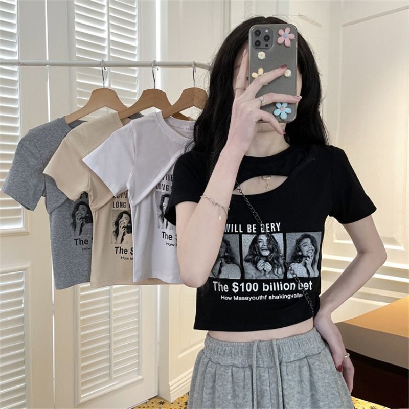 Áo Thun Ngắn Tay Dáng Ôm In Họa Tiết Khoét Rỗng Phối Quần Lưng Cao