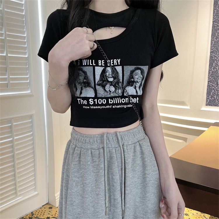 Áo Thun Ngắn Tay Dáng Ôm In Họa Tiết Khoét Rỗng Phối Quần Lưng Cao