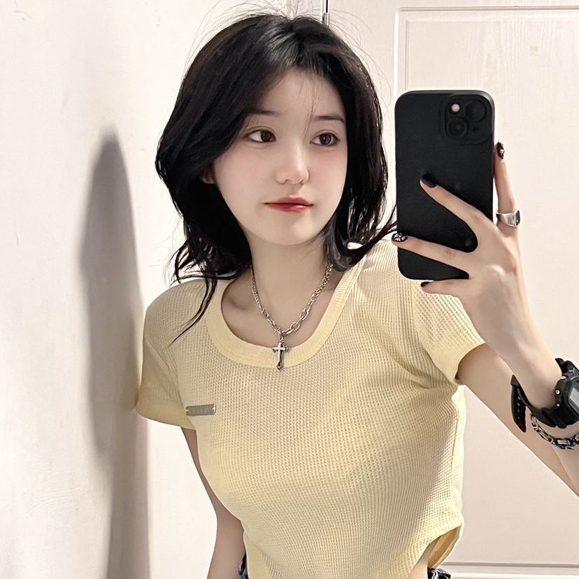 Áo Thun Ngắn Thiết Kế Viền Bánh Waffle Dễ Thương Ngọt Ngào