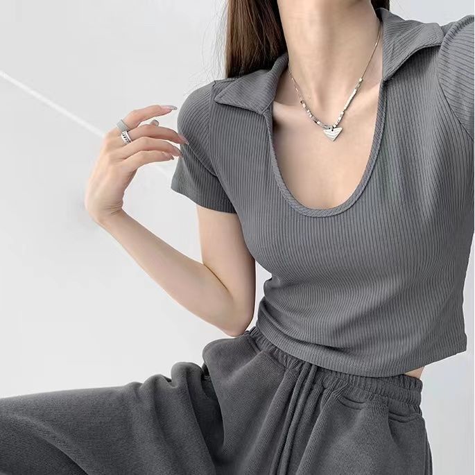 Áo Thun polo Ngắn Tay Cổ Chữ U Ôm Dáng Thời Trang Mùa Hè Dành Cho Nữ