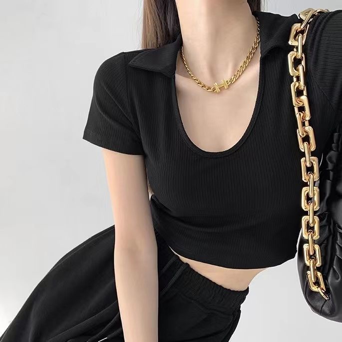 Áo Thun polo Ngắn Tay Cổ Chữ U Ôm Dáng Thời Trang Mùa Hè Dành Cho Nữ