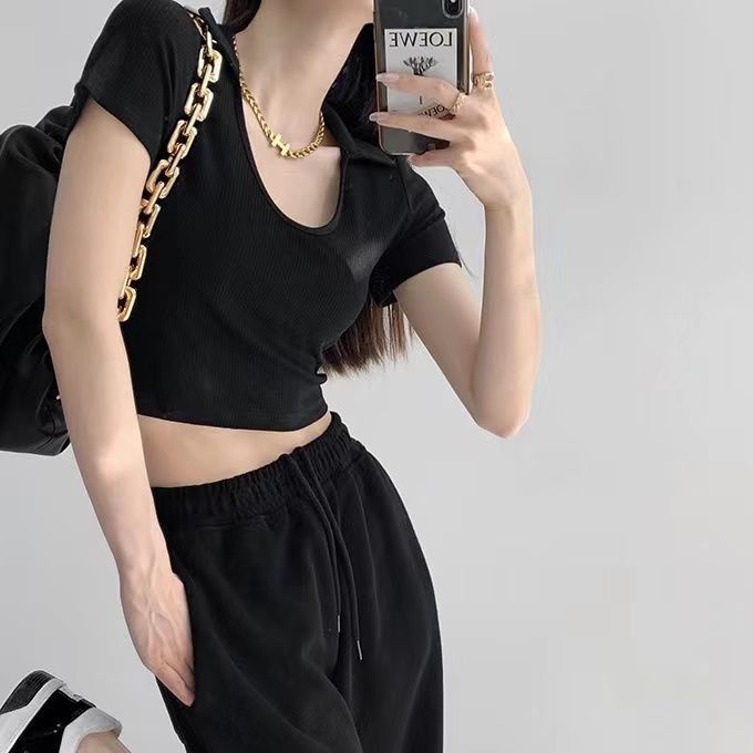 Áo Thun polo Ngắn Tay Cổ Chữ U Ôm Dáng Thời Trang Mùa Hè Dành Cho Nữ