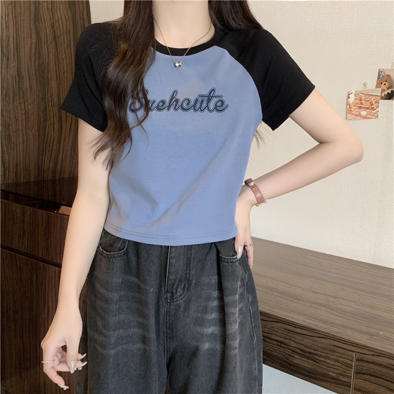 Áo Thun Ngắn Tay Ôm Dáng Màu Sắc Tương Phản Thời Trang Mùa Hè Cho Nữ