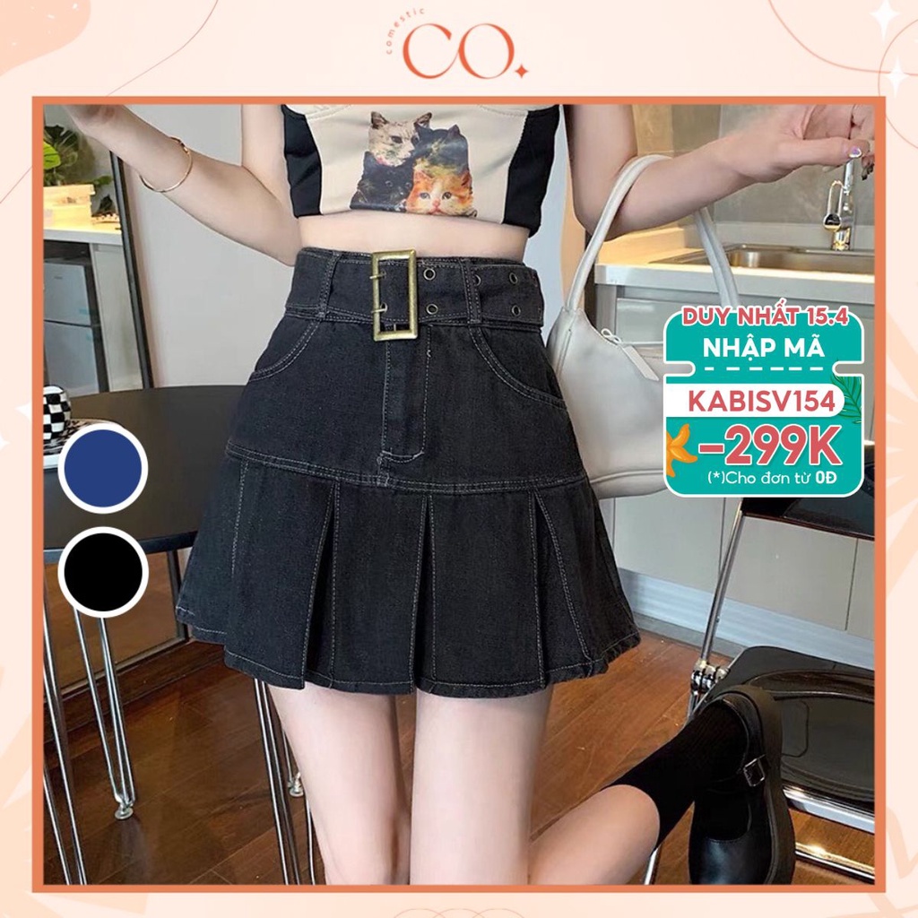 Chân váy nữ cạp cao, chân váy jean/ kaki xếp ly phong cách _v12