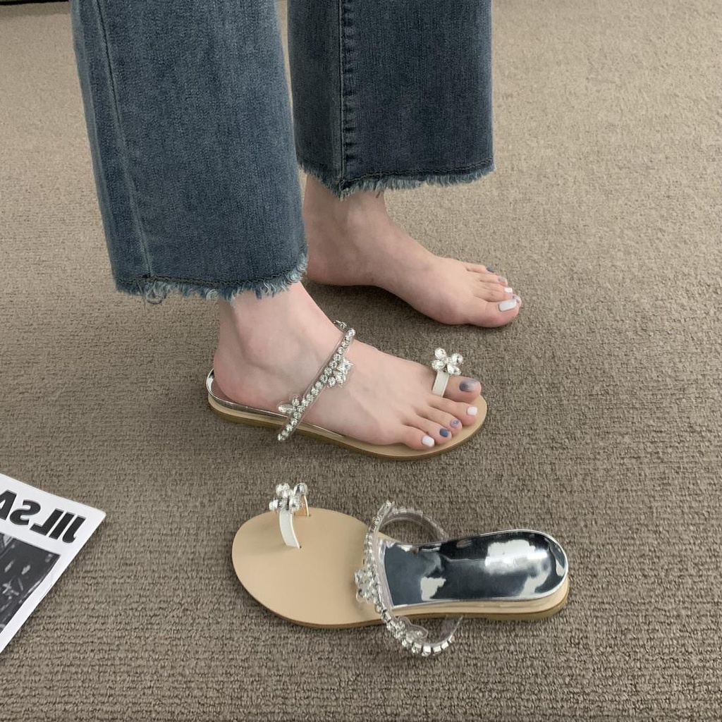 Dép Sandal Đế Bằng Đính Đá Thời Trang Mùa Hè 2023 Phong Cách Mới