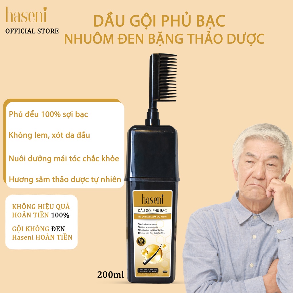 Dầu gội phủ bạc Haseni 200ml - đen tóc chỉ sau 9 phút, không lem, không xót da đầu-Dầu gội phủ bạc thảo dược